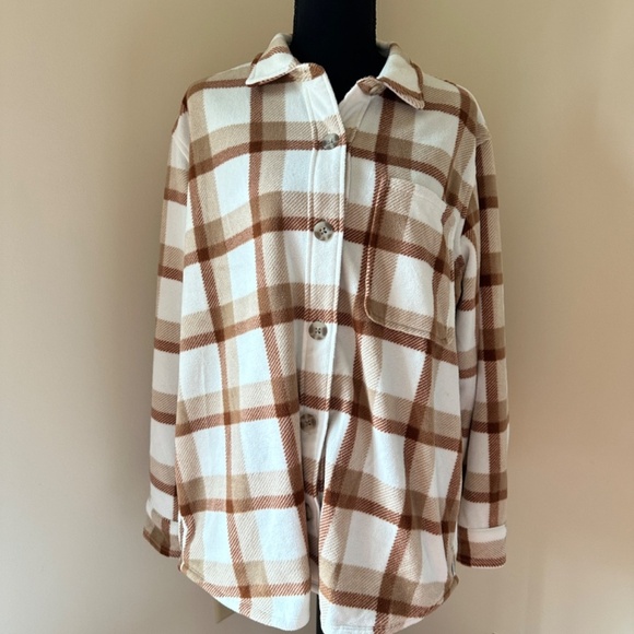 *EDDIE BAUER* White x Brown Plaid Long Sleeve Button Down Sweater Size Medium - Picture 1 of 7
